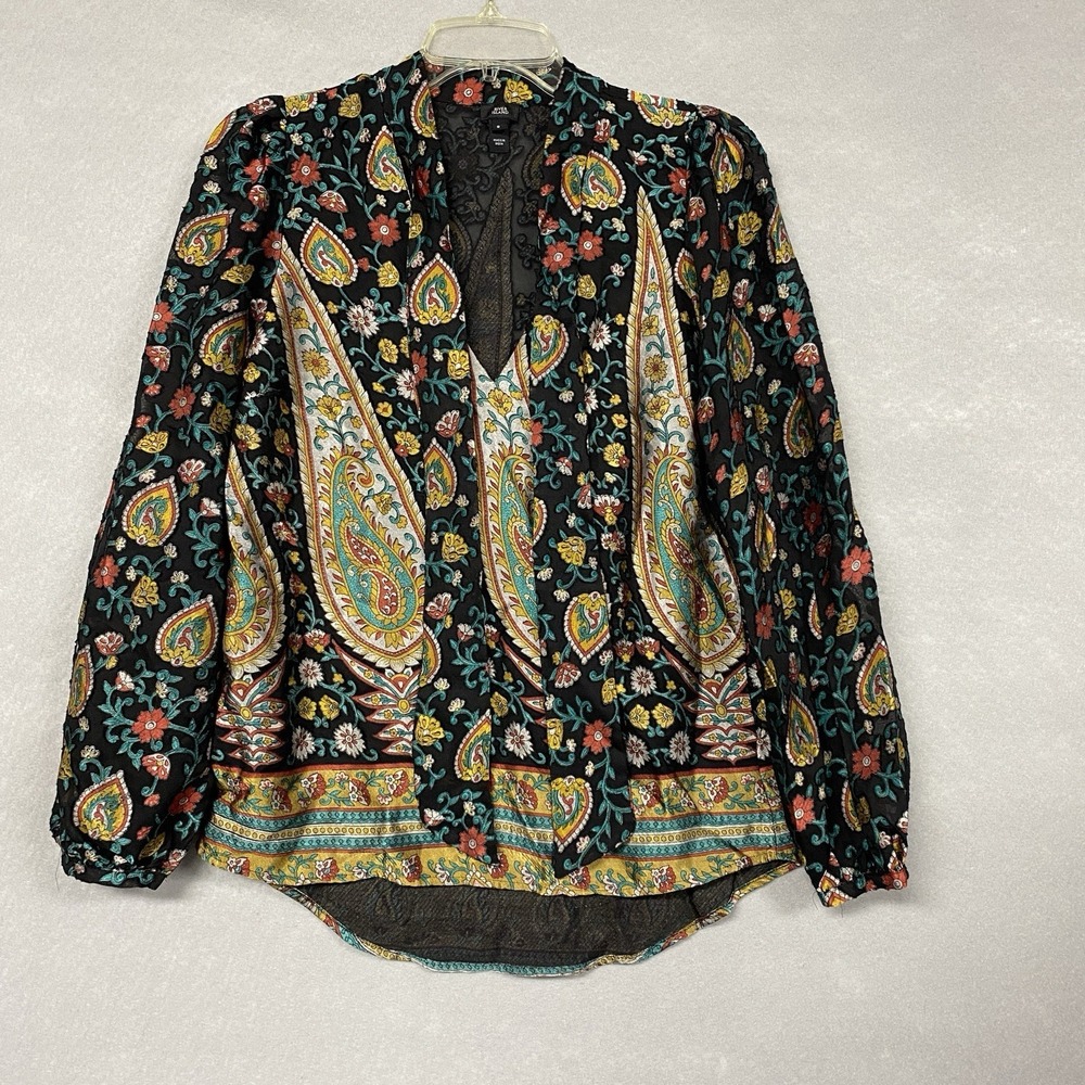 River Island Womens 4 Blouse Black Paisley Sheer Tie Neck Boho Eclectic Top